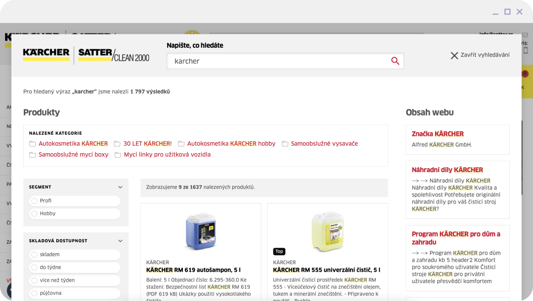 Screenshot web Karcher s otevřeným Search Ready